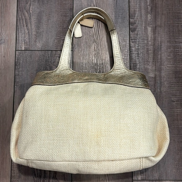 Coach Ivory Straw Embossed Embroidery Butterfly Gold Leather Trim Shoulder Bag - Picture 7 of 17